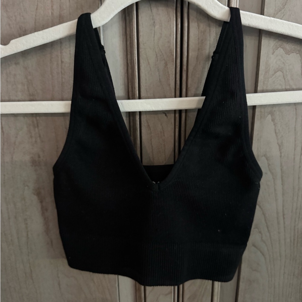 Garage Black Ribbed V-Neck Crop Top XS
